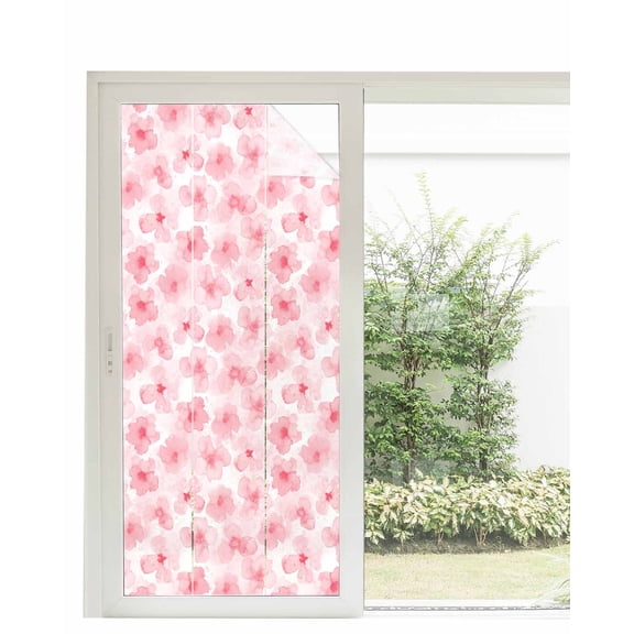 Window Privacy Film, Watercolor Pink Floral UV Sun Blocking Window Tint Film Heat Control One Way Blackout Window Film, Spring Botanical Elegant Flowers Non Adhesive Static Cling Sticker 35.4x78.7 In