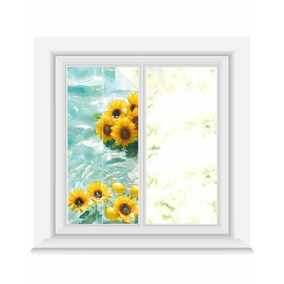 Window Privacy Film Watercolor Stained Glass Window Film Decorative Sun Block Window Cover Lemon Lake Aqua Summer Ocean Watercolor Window Clings Static Adhesive Sticker for Bathroom 19.6"x39.3"