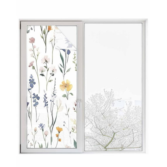 Window Privacy Film Watercolor Wildflowers Stained Glass Window Film Decorative Sun Block Window Cover Spring Botanical Floral Window Clings Static Adhesive Sticker for Bathroom 29.5"x78.7"