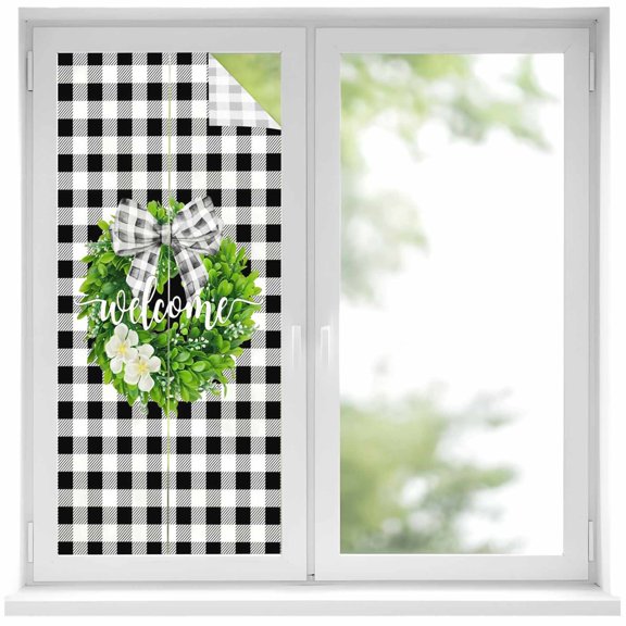 Window Privacy Film Welcome Bow Knot Wreath Stained Glass Window Film Decorative Sun Block Window Cover Summer Flowers Black Gray Plaid Window Clings Static Adhesive Sticker for Bathroom 17.7"x39.3"