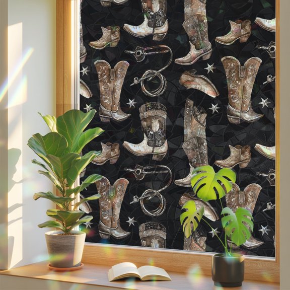 Window Privacy Film Western Cowboy Boots Stained Glass Static Cling 18x39inch, Farm Vintage Shoes on Black Rainbow Window Film Glass Sticker for Bathroom Bedroom Home