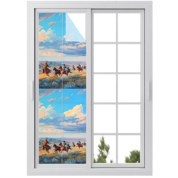 Window Privacy Film Western Cowboy Stained Glass Window Film Decorative Sun Block Window Cover Country Mountain Horse Nature Scenery Window Clings Static Adhesive Sticker for Bathroom 29.5"x118"
