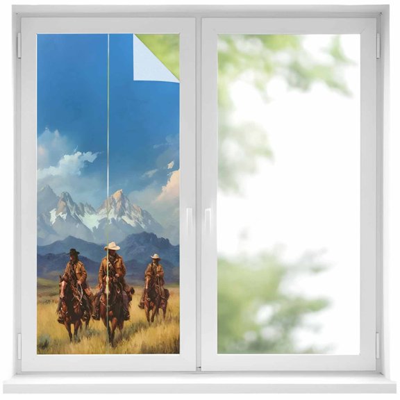 Window Privacy Film Western Cowboy Stained Glass Window Film Decorative Sun Block Window Cover Mountain Sky Grass Nature Scenery Window Clings Static Adhesive Sticker for Bathroom 17.7"x39.3"
