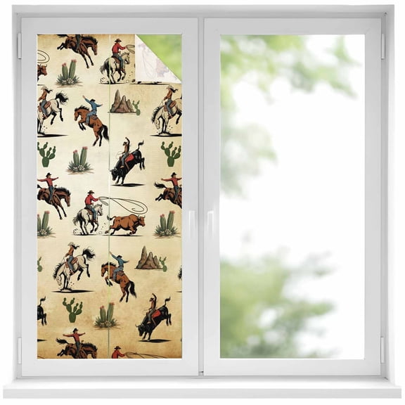 Window Privacy Film Western Cowboys Stained Glass Window Film Decorative Sun Block Window Cover Brown Vintage Country Cactus Window Clings Static Adhesive Sticker for Bathroom 19.6"x39.3"