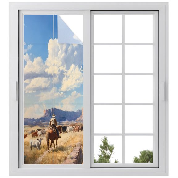 Window Privacy Film Western Cowboys Stained Glass Window Film Decorative Sun Block Window Cover Farmhouse Cow Mountain Nature Scenery Window Clings Static Adhesive Sticker for Bathroom 23.6"x59"