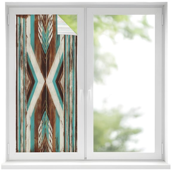 Window Privacy Film Western Rustic Stained Glass Window Film Decorative Sun Block Window Cover Aztec Ethnic Tribal Geometric Patterns Window Clings Static Adhesive Sticker for Bathroom 17.7"x39.3"