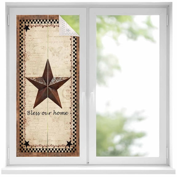 Window Privacy Film Western Star Brown Stained Glass Window Film Decorative Sun Block Window Cover Texas Stars Retro Farmhouse Buffalo Plaid Window Clings Static Sticker for Bathroom 17.7"x39.3"