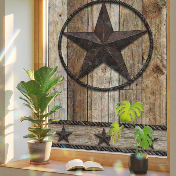 Window Privacy Film Western Star Retro Wooden Board Stained Glass Static Cling 18x39inch, Farmhouse Brown Plank Rainbow Window Film Glass Sticker for Bathroom Bedroom Home