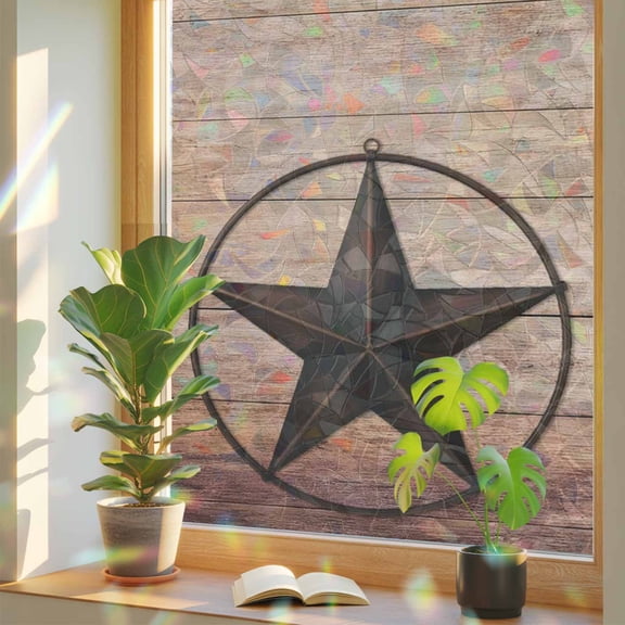Window Privacy Film Western Texas Star Barn Stained Glass Window Film Rustic Brown Wood Grain Rainbow Static Window Clings for Glass Windows Home Bathroom Living Room Office Door Sticker 17.7"39.3"