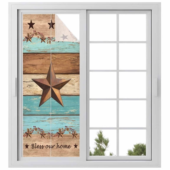 Window Privacy Film Western Texas Star Vintage Stained Glass Window Film Decorative Sun Block Window Cover Retro Farmhouse Turquoise Brown Wood Window Clings Static Sticker for Bathroom 23.6"x59"