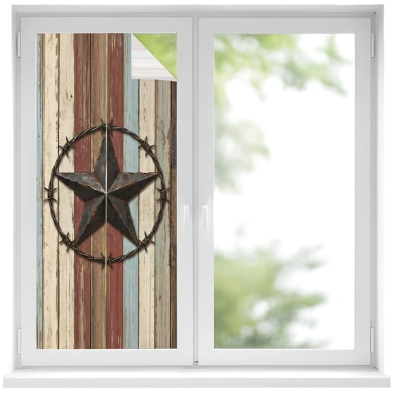 Window Privacy Film Western Texas Star Vintage Stained Glass Window Film Decorative Window Cover Country Farmhouse Star Wooden Brown Window Clings Static Adhesive Sticker for Bathroom 19.6"x39.3"