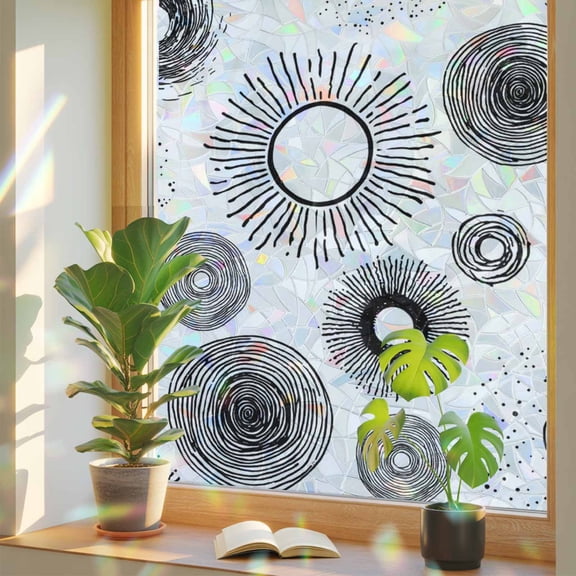Window Privacy Film White Circle Stained Glass Window Film Lines Modern Abstract Art Rainbow Static Window Clings for Glass Windows Home Bathroom Living Room Office Glass Door Sticker 17.7"39.3"