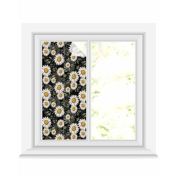 Window Privacy Film White Daisies Stained Glass Window Film Decorative Sun Block Window Cover Black Botanical Floral Flowers Leaves Window Clings Static Adhesive Sticker for Bathroom 17.7"x39.3"