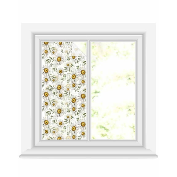 Window Privacy Film White Daisies Stained Glass Window Film Decorative Sun Block Window Cover Pastoral Farmhouse Botanical Flowers Leaf Window Clings Static Adhesive Sticker for Bathroom 19.6"x39.3"
