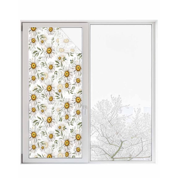 Window Privacy Film White Daisies Stained Glass Window Film Decorative Sun Block Window Cover Pastoral Farmhouse Botanical Flowers Leaf Window Clings Static Adhesive Sticker for Bathroom 29.5"x78.7"