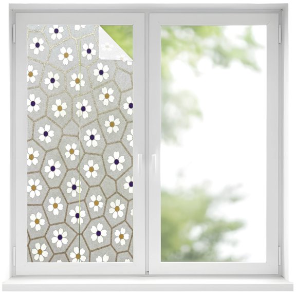 Window Privacy Film White Daisy Rustic Stained Glass Window Film Decorative Sun Block Window Cover Modern Abstract Art Hexagon Grid Window Clings Static Adhesive Sticker for Bathroom 19.6"x39.3"