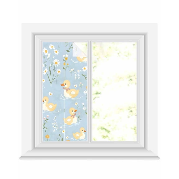 Window Privacy Film White Daisy Stained Glass Window Film Decorative Sun Block Window Cover Spring Floral Duck Greenery Blue Window Clings Static Adhesive Sticker for Bathroom 19.6"x39.3"