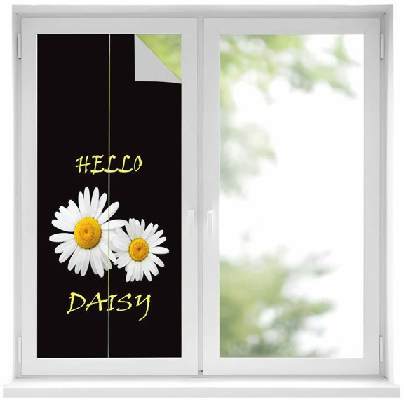 Window Privacy Film White Daisy Stained Glass Window Film Decorative Sun Block Window Cover Spring Hello Daisy Floral Black Window Clings Static Adhesive Sticker for Bathroom 17.7"x39.3"