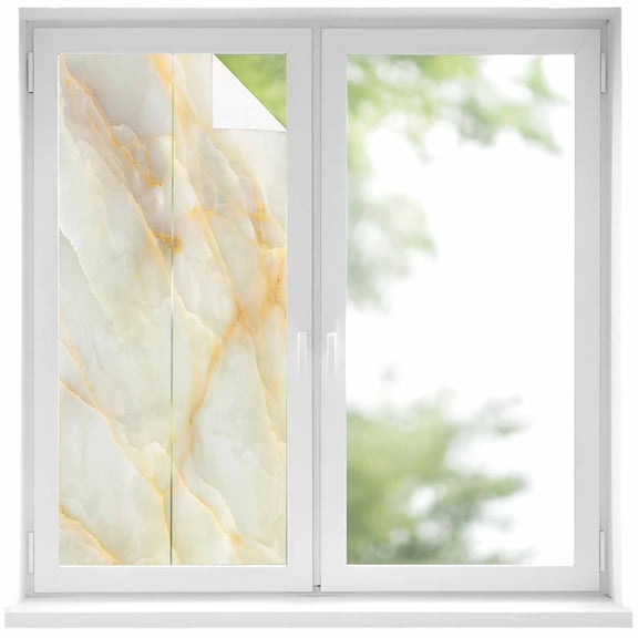 Window Privacy Film White Golden Marble Stained Glass Window Film Decorative Sun Block Window Cover Abstract Modern Art Marble Cracks Window Clings Static Adhesive Sticker for Bathroom 17.7"x39.3"