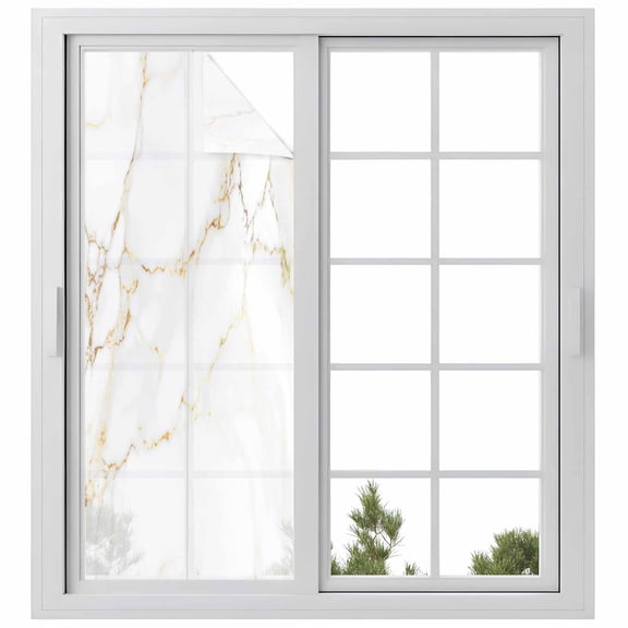 Window Privacy Film White Golden Marble Stained Glass Window Film Decorative Sun Block Window Cover Modern Abstract Art Elegant Window Clings Static Adhesive Sticker for Bathroom 23.6"x59"