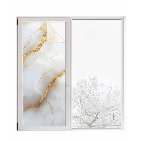 Window Privacy Film White Gray Marble Stained Glass Window Film Decorative Sun Block Window Cover Modern Abstract Golden Texture Art Window Clings Static Adhesive Sticker for Bathroom 23.6"x59"