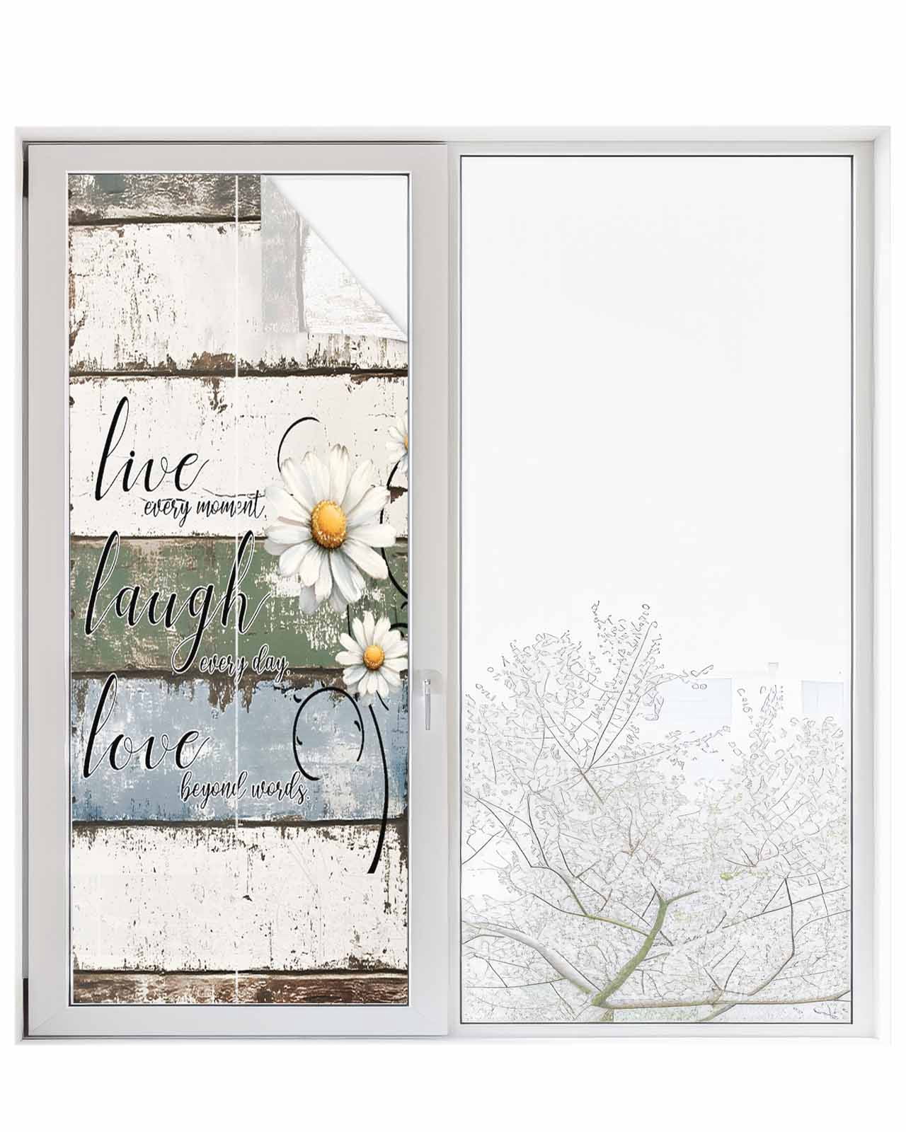 Window Privacy Film White Green Blue Stained Glass Window Film Decorative Sun Block Window Cover Vintage Wooden Rustic White Daisy Floral Window Clings Static Adhesive Sticker for Bathroom 23.6"x59"
