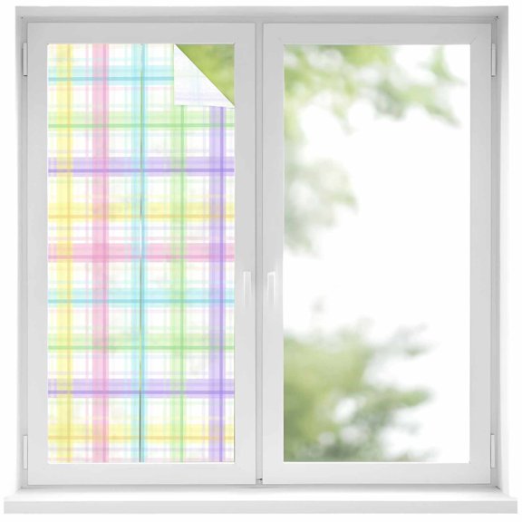 Window Privacy Film White Grid Stained Glass Window Film Decorative Sun Block Window Cover Colorful Plaid Modern Geometric Pattern Window Clings Static Adhesive Sticker for Bathroom 19.6"x39.3"