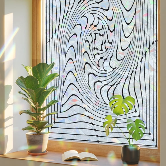 Window Privacy Film White Inverse Vortex Stained Glass Window Film Abstract Warped Waves Rainbow Static Window Clings for Glass Windows Home Bathroom Living Room Office Glass Door Sticker 17.7"39.3"