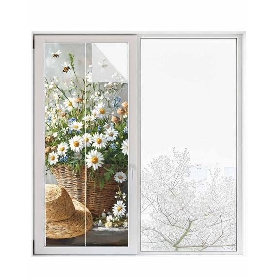 Window Privacy Film White Spring Floral Stained Glass Window Film Decorative Sun Block Window Cover Bee Pastoral Summer Botanical Watercolor Window Clings Static Sticker for Bathroom 23.6"x59"