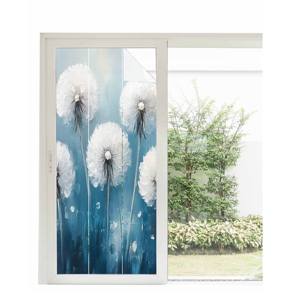 Window Privacy Film White Spring Floral Stained Glass Window Film Decorative Sun Block Window Cover Blue Modern Oil Painting Pastoral Window Clings Static Adhesive Sticker for Bathroom 35.4"x78.7"