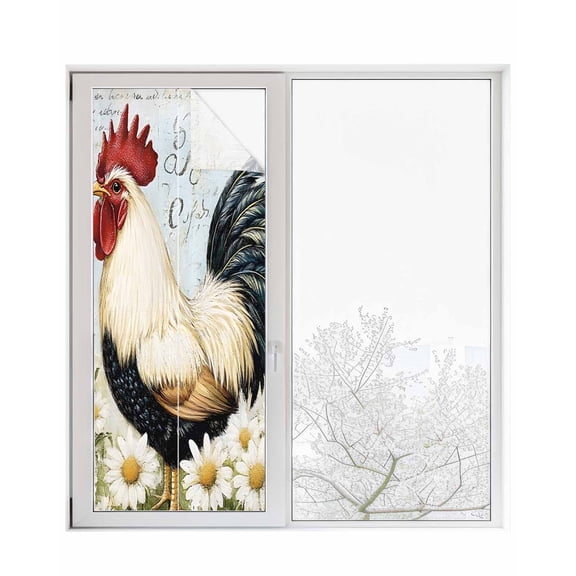 Window Privacy Film White Vintage Rooster Stained Glass Window Film Decorative Sun Block Window Cover Spring Floral Farmhouse Watercolor Window Clings Static Adhesive Sticker for Bathroom 23.6"x59"