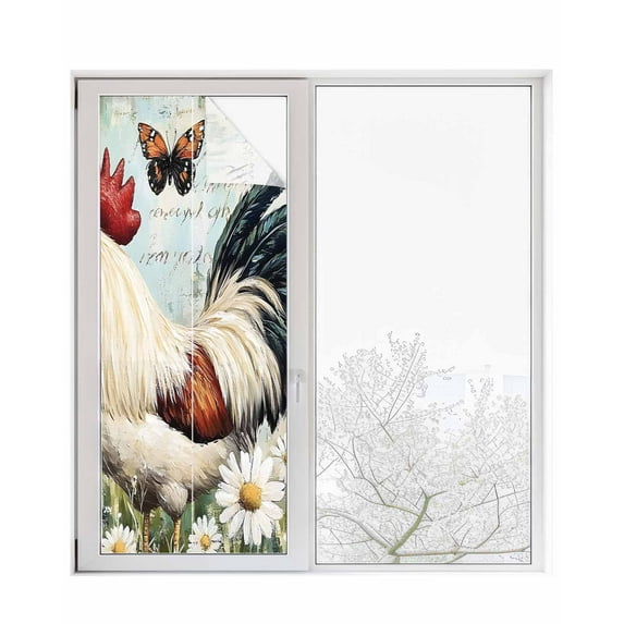 Window Privacy Film White Vintage Rooster Stained Glass Window Film Decorative Sun Block Window Cover Spring Flower Pastoral Animals Window Clings Static Adhesive Sticker for Bathroom 29.5"x78.7"