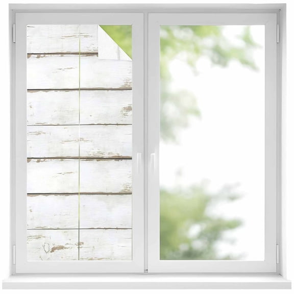 Window Privacy Film White Wood Grain Stained Glass Window Film Decorative Sun Block Window Cover Vintage Farmhouse Wooden Board Window Clings Static Adhesive Sticker for Bathroom 17.7"x39.3"
