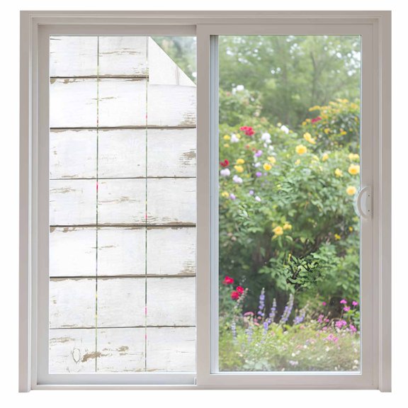 Window Privacy Film White Wood Grain Stained Glass Window Film Decorative Sun Block Window Cover Vintage Farmhouse Wooden Board Window Clings Static Adhesive Sticker for Bathroom 35.4"x78.7"