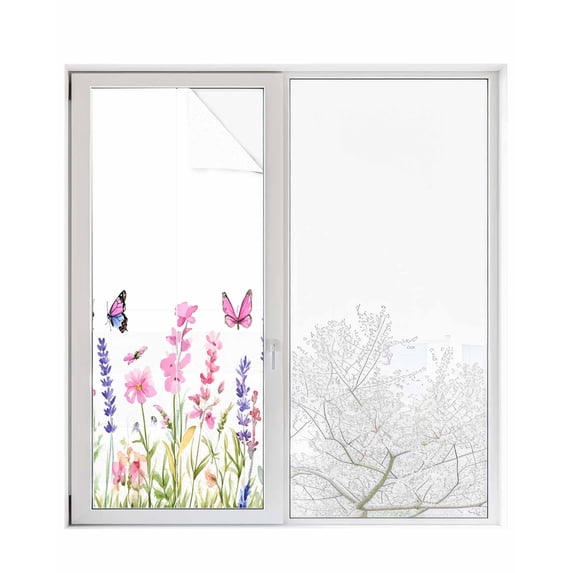 Window Privacy Film Wildflowers Butterflies Stained Glass Window Film Decorative Sun Block Window Cover Pastoral Spring Garden Window Clings Static Adhesive Sticker for Bathroom 23.6"x59"