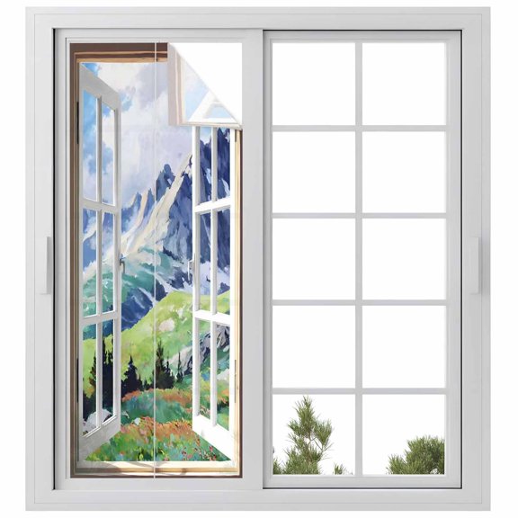 Window Privacy Film Window Mountain View Stained Glass Window Film Decorative Sun Block Window Cover Nature Scenic Lush Alpine Valley Window Clings Static Adhesive Sticker for Bathroom 23.6"x59"
