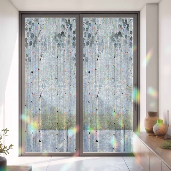 Window Privacy Film,Winter Birch Tree Trunks Static Clings Decorative Rainbow Window Films Stickers Gradient Green Leaves Sun Blocking Glass Cover for Home Bathroom Office,35.4"x78.7"