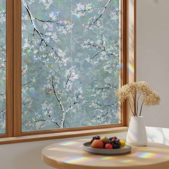 Window Privacy Film Winter Branches and Leaves Stained Glass Static Cling 24x59inch, Light Blue Watercolor Rainbow Window Film Glass Sticker for Bathroom Bedroom Home