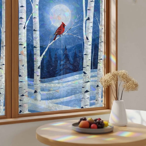 Window Privacy Film, Winter Cardinal Bird Stained Glass Rainbow Film Rustic Moon Birch Forest Snowy Mountains Decorative Window Clings, Static Cling Sun Blocking Stickers For Bathroom 17.7"x39.3"