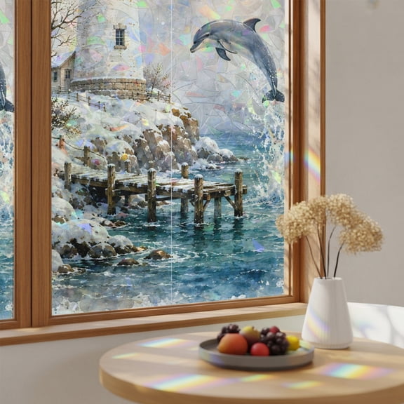 Window Privacy Film, Winter Coastal Stained Glass Rainbow Film Jumping Dolphin Lighthouse Ocean Waves Rustic Decorative Window Clings, Static Cling Sun Blocking Stickers For Bathroom 17.7"x39.3"