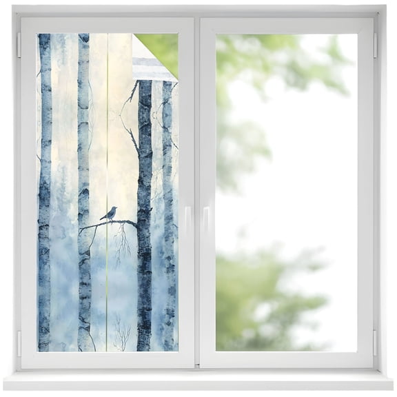 Window Privacy Film Winter Forest Stained Glass Window Film Decorative Sun Block Window Cover Country Birch Tree Trunks Natural Scenery Window Clings Static Adhesive Sticker for Bathroom 17.7"x39.3"