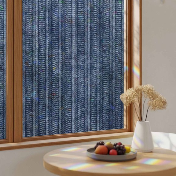 Window Privacy Film, Winter Navy Blue Lines Stained Glass Rainbow Film Country Vintage Farmhouse Vertical Stripes Decorative Window Clings, Static Cling Sun Blocking Stickers For Bathroom 17.7"x39.3"