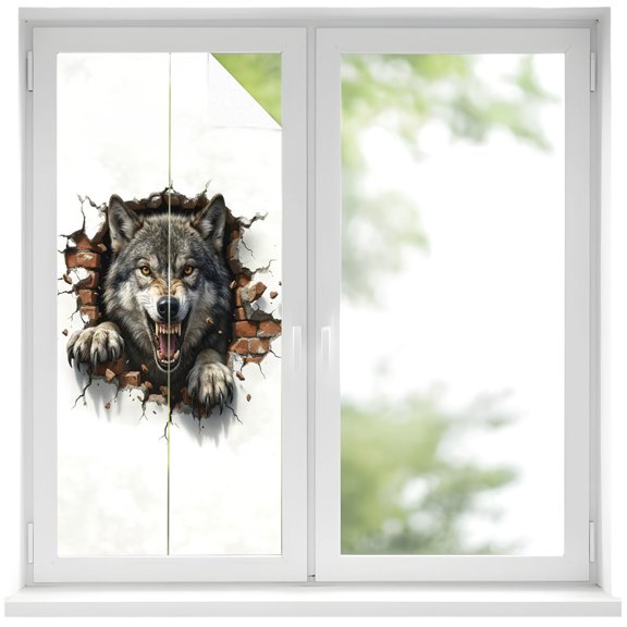 Window Privacy Film Wolf Stained Glass Window Film Decorative Sun Block Window Cover Animal Broken Wall Dynamic Angry Expression Window Clings Static Adhesive Sticker for Bathroom 17.7"x39.3"