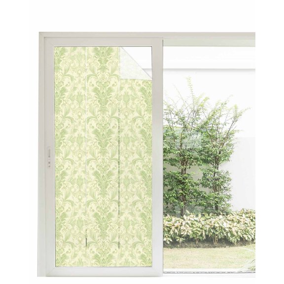 Window Privacy Film Yellow Baroque Stained Glass Window Film Decorative Sun Block Window Cover Rustic Luxury Damask Scroll Floral Window Clings Static Adhesive Sticker for Bathroom 35.4"x78.7"