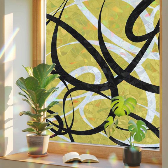 Window Privacy Film Yellow Black Circle Lines Stained Glass Window Film Stripe Modern Abstract Art Static Window Clings for Glass Windows Home Bathroom Living Room Office Door Sticker 17.7"39.3"