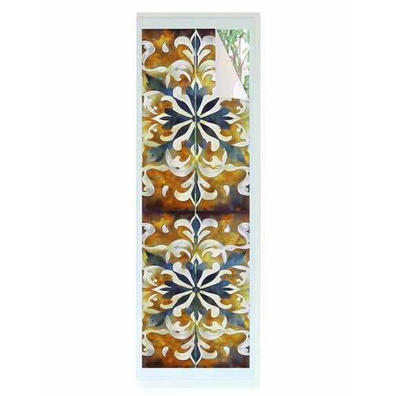 Window Privacy Film Yellow Blue Boho Stained Glass Window Film Decorative Sun Block Window Cover Vintage Abstract Flowers Ethnic Window Clings Static Adhesive Sticker for Bathroom 29.5"x118"