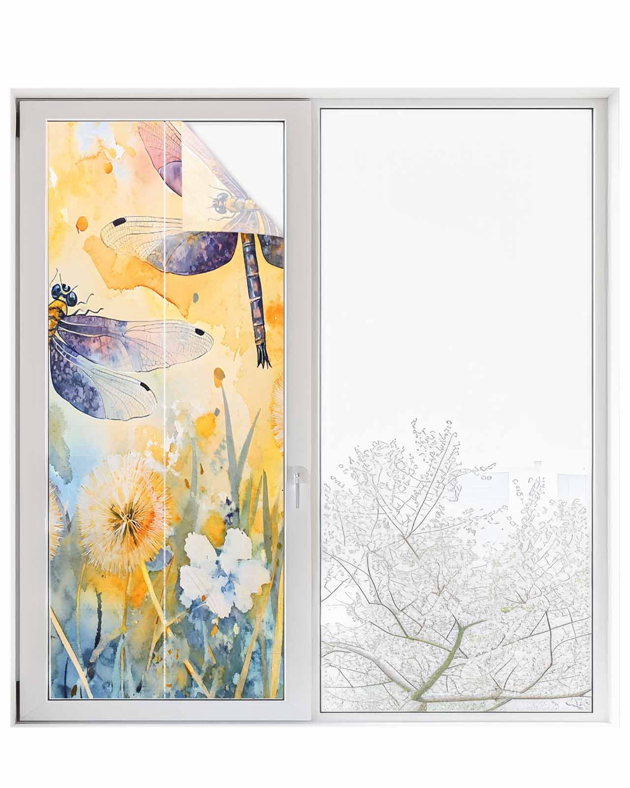 Window Privacy Film Yellow Dragonfly Spring Floral Stained Glass Window Film Decorative Sun Block Window Cover Summer Botanical Window Clings Static Adhesive Sticker for Bathroom 29.5"x78.7"