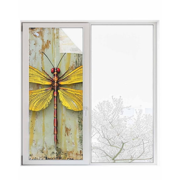 Window Privacy Film Yellow Dragonfly Stained Glass Window Film Decorative Sun Block Window Cover Vintage Country Wooden Grain Aesthetic Window Clings Static Adhesive Sticker for Bathroom 23.6"x59"