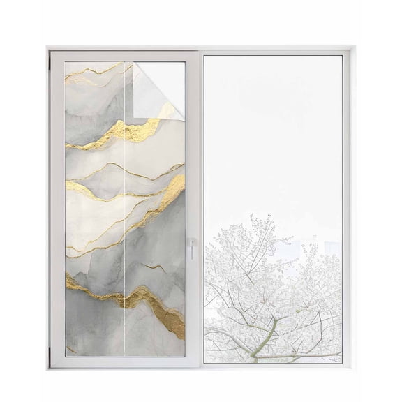 Window Privacy Film Yellow Golden Marble Stained Glass Window Film Decorative Sun Block Window Cover Nature Marble Crack Abstract Window Clings Static Adhesive Sticker for Bathroom 23.6"x59"