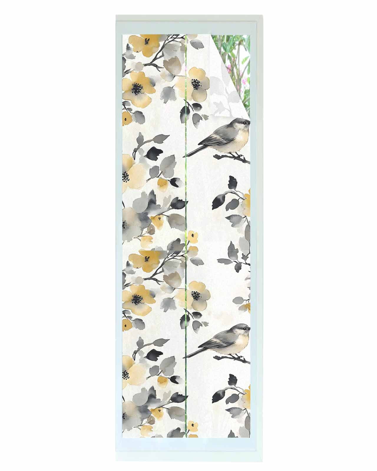 Window Privacy Film Yellow Grey Botanical Stained Glass Window Film Decorative Sun Block Window Cover Spring Floral Birds Retro Summer Window Clings Static Adhesive Sticker for Bathroom 23.6"x78.7"